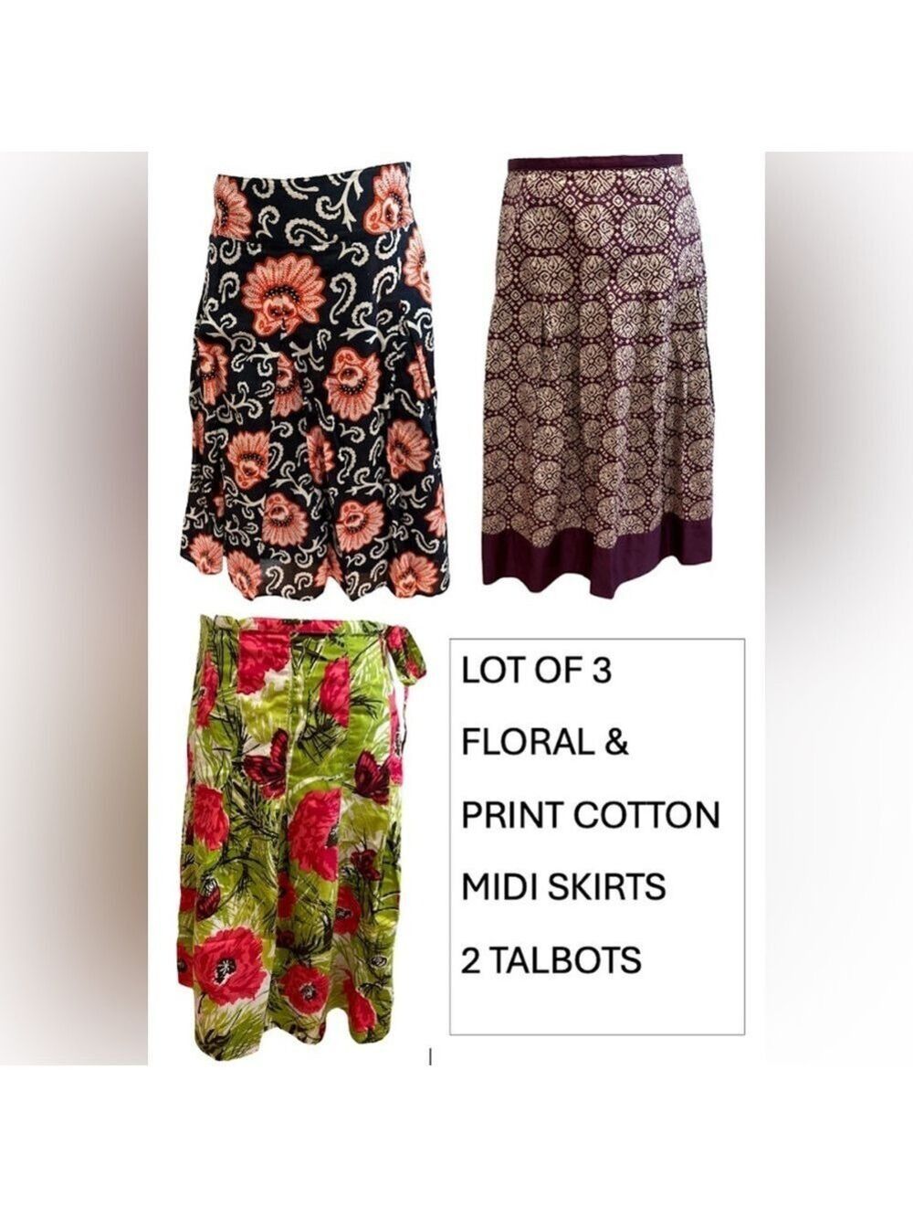 90s LOT OF 3 COTTON FLORAL & PATTERN PLEATED SKIRTS  1- SZ 12 2- SZ 14